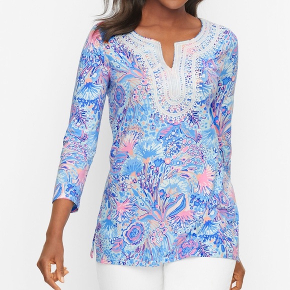 Talbots Tops - Talbots Lace Trim Tunic in "Flowing Floral" Pink Blue Size Large